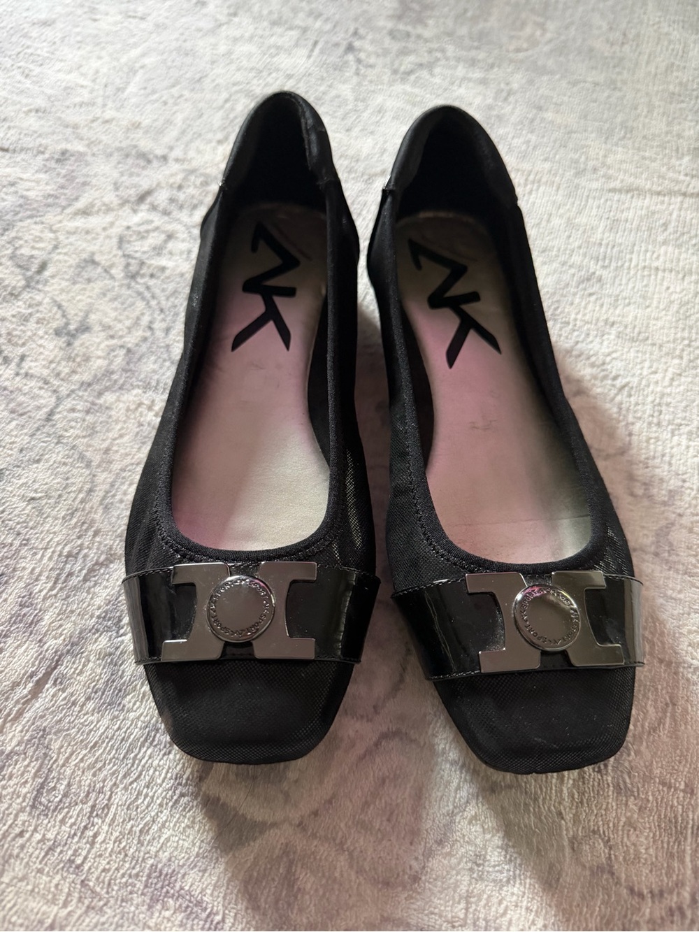 Anne Klein Black Women's Slip-On Square-Toe Flats with Metallic Accent